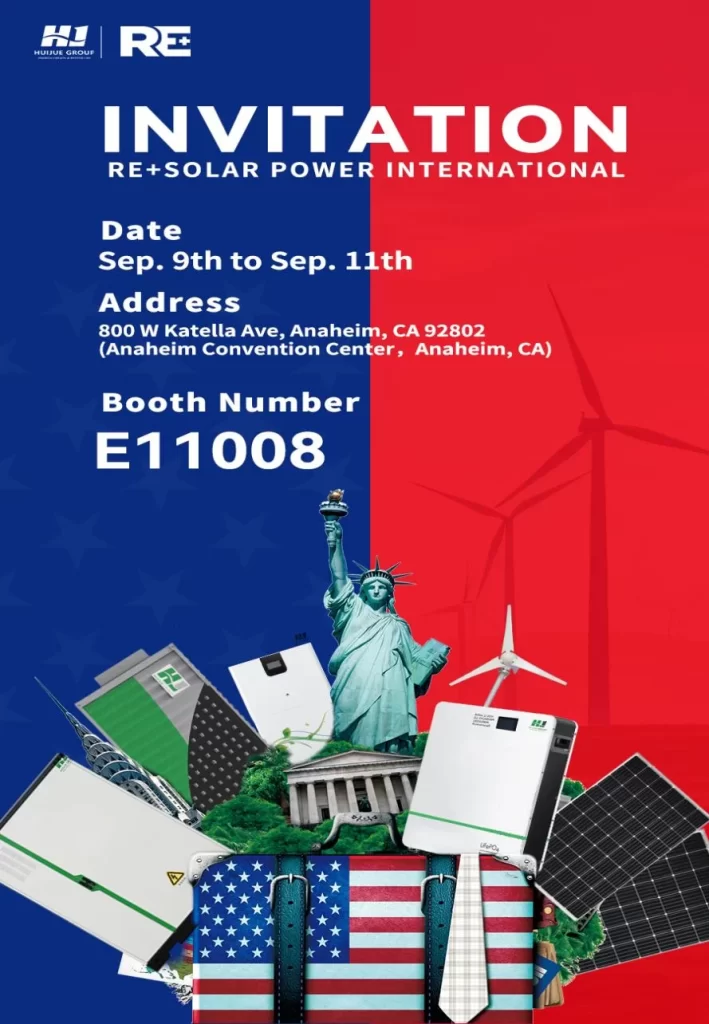 Huijue Group en la Exposición Internacional de Energía Solar RE+ 2024 mostrando productos solares innovadores.