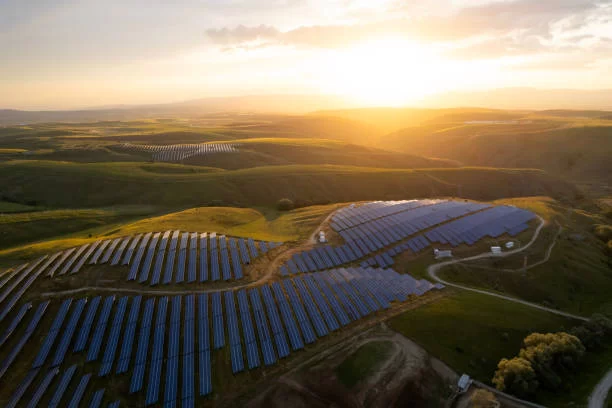 Escena exterior con paneles solares Topcon y HJT instalados en un campo, demostrando su aplicación en un entorno natural.