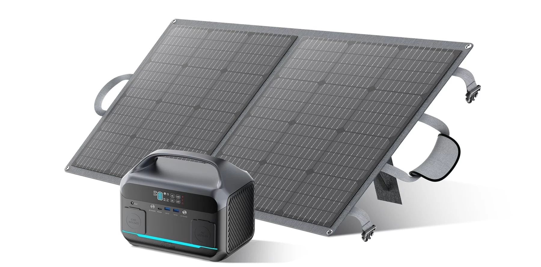 Generador Eléctrico Solar Portátil Kit 300W con paneles solares en uso.