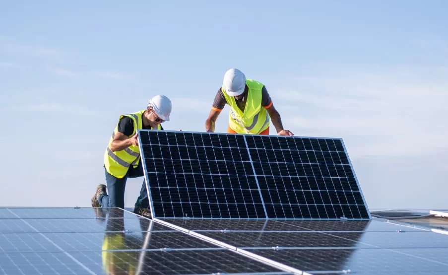 Paneles solares portátiles instalados en un campamento